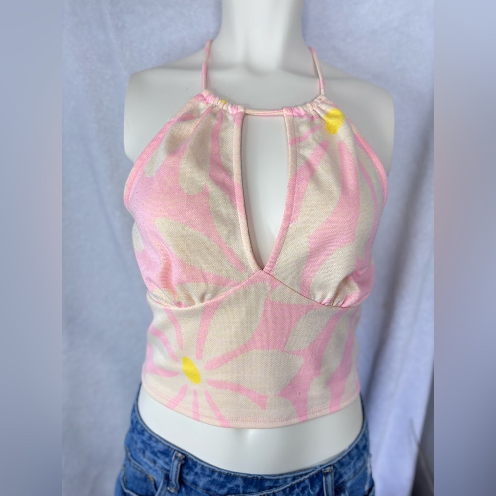 Forever 21 Halter Top Floral Cutout Crop Top Summer Festival Size L